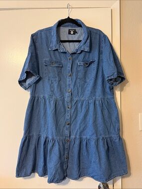 Boohoo Blue Denim Tiered Button-Front Mini Dress